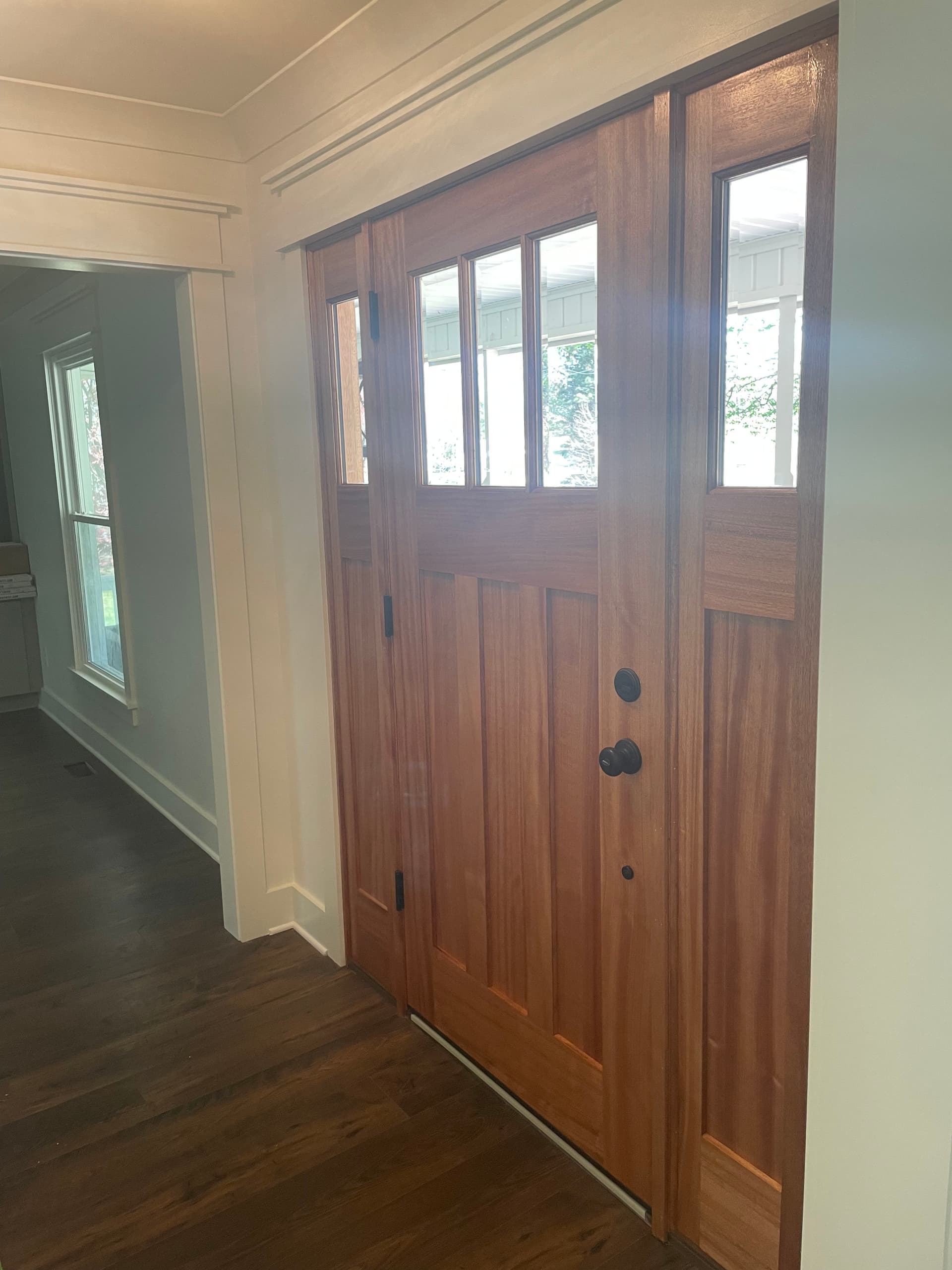 Gallery photos for Mahogany Craftsman Entry Door With Sidelights Installed: Image #1